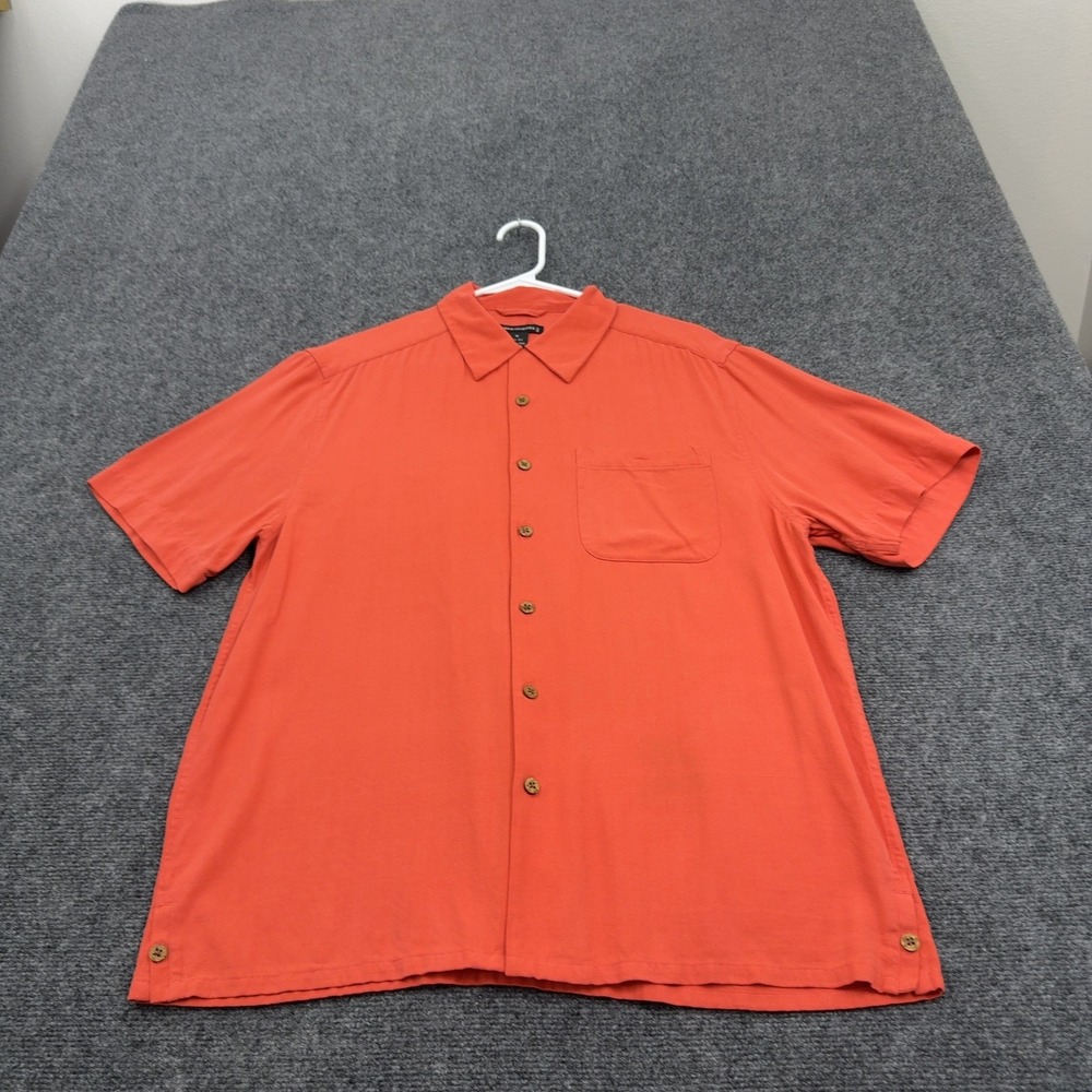 Statements Shirt Mens M Orange Silk Short Sleeve Button Up Camp Minimalist Style